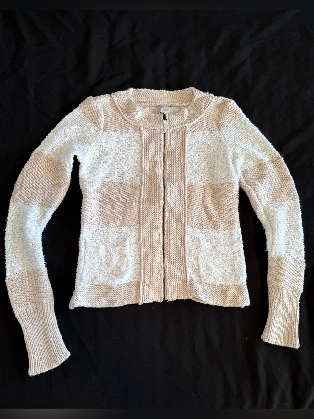 Ann Taylor LOFT Beige & White Striped Zip-Up Cardigan Sweater Women’s Size Small